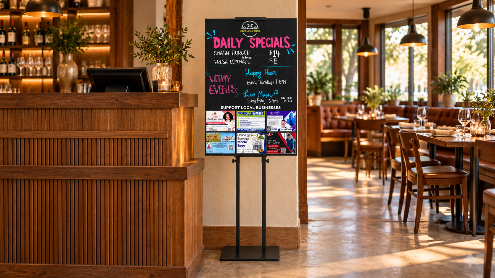 Illustrative full-height board and stand beside a restaurant host station, clear of the walkway